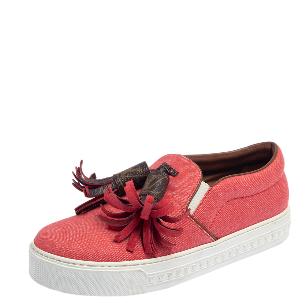 Louis Vuitton Coral Red Canvas and Monogram Canvas Tassel Destination Slip On Sneakers Size 36.5