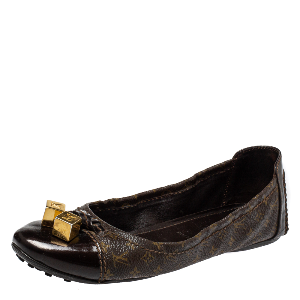 Louis Vuitton Brown Monogram Canvas And Leather Cap Toe Lovely Scrunch Ballet Flats Size 36
