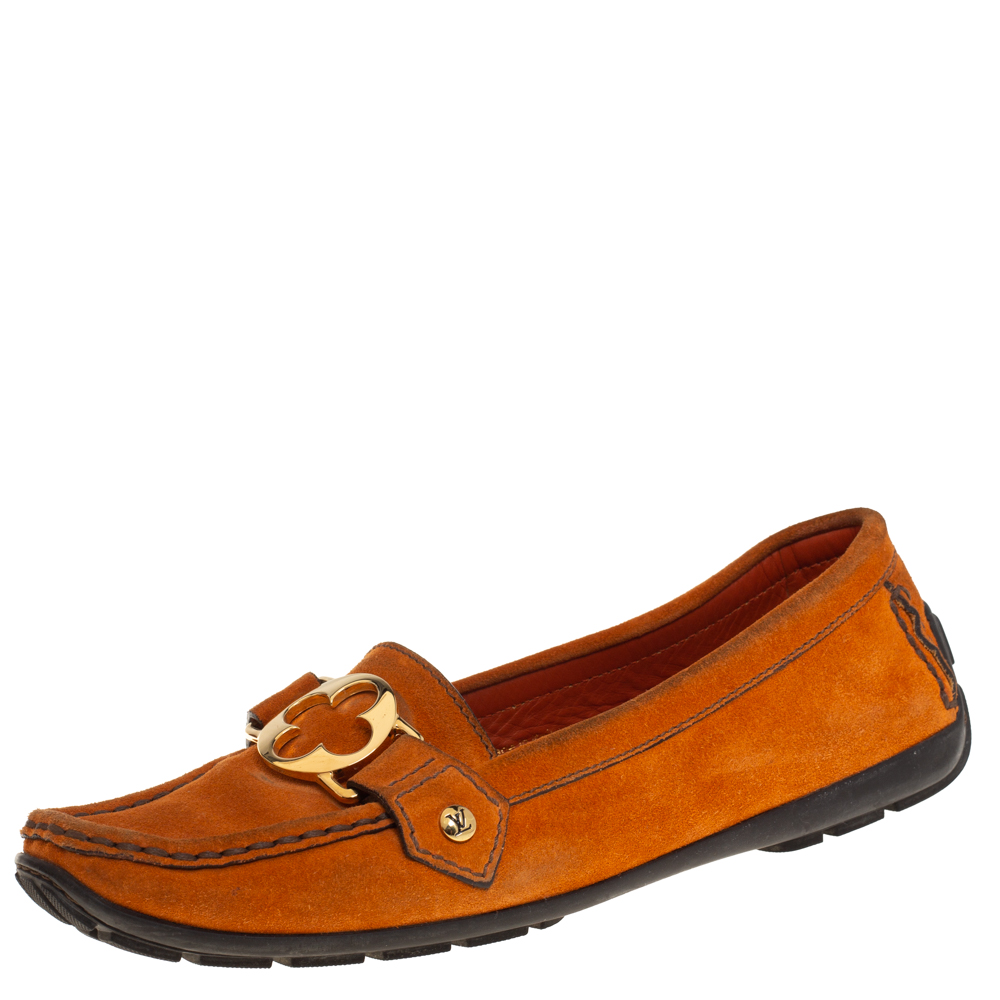 Louis Vuitton Orange Suede Embellished Slip On Loafers Size 38