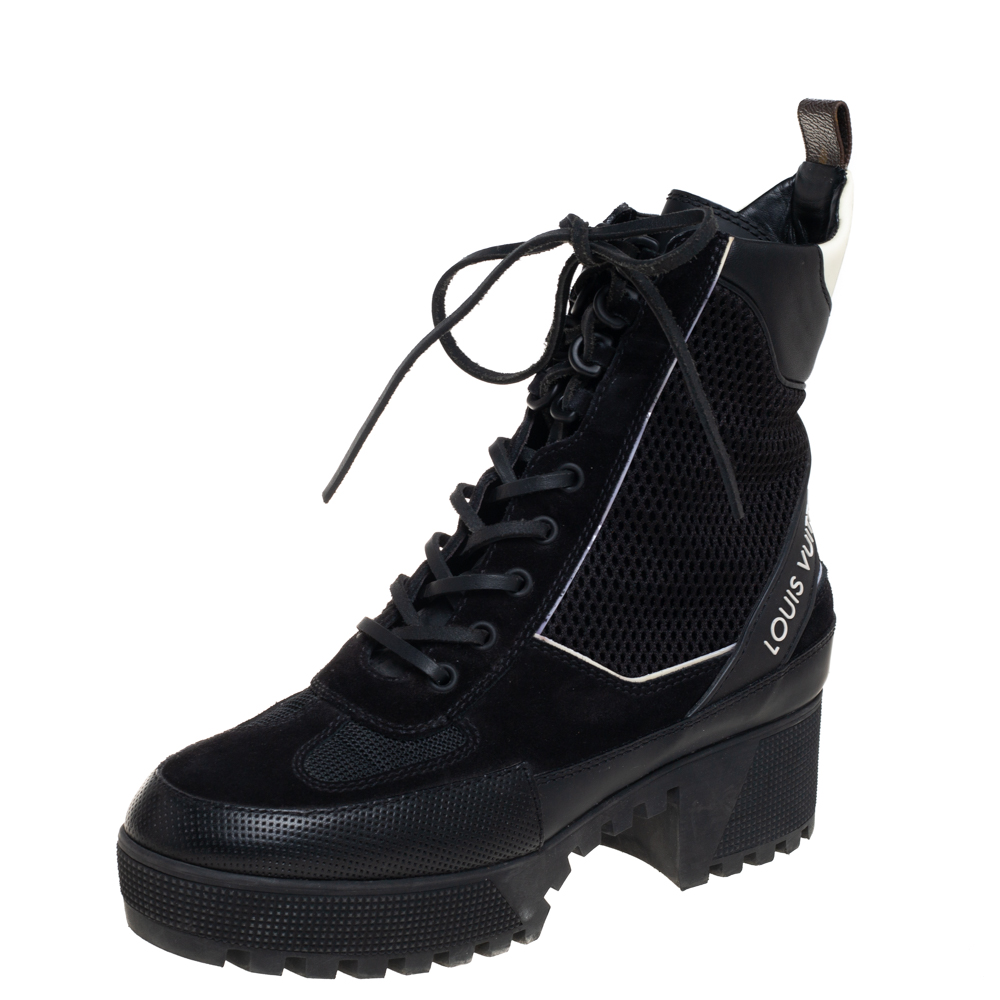 Louis Vuitton Black Suede, Mesh And Leather Laureate Platform Desert Ankle Boots Size 39