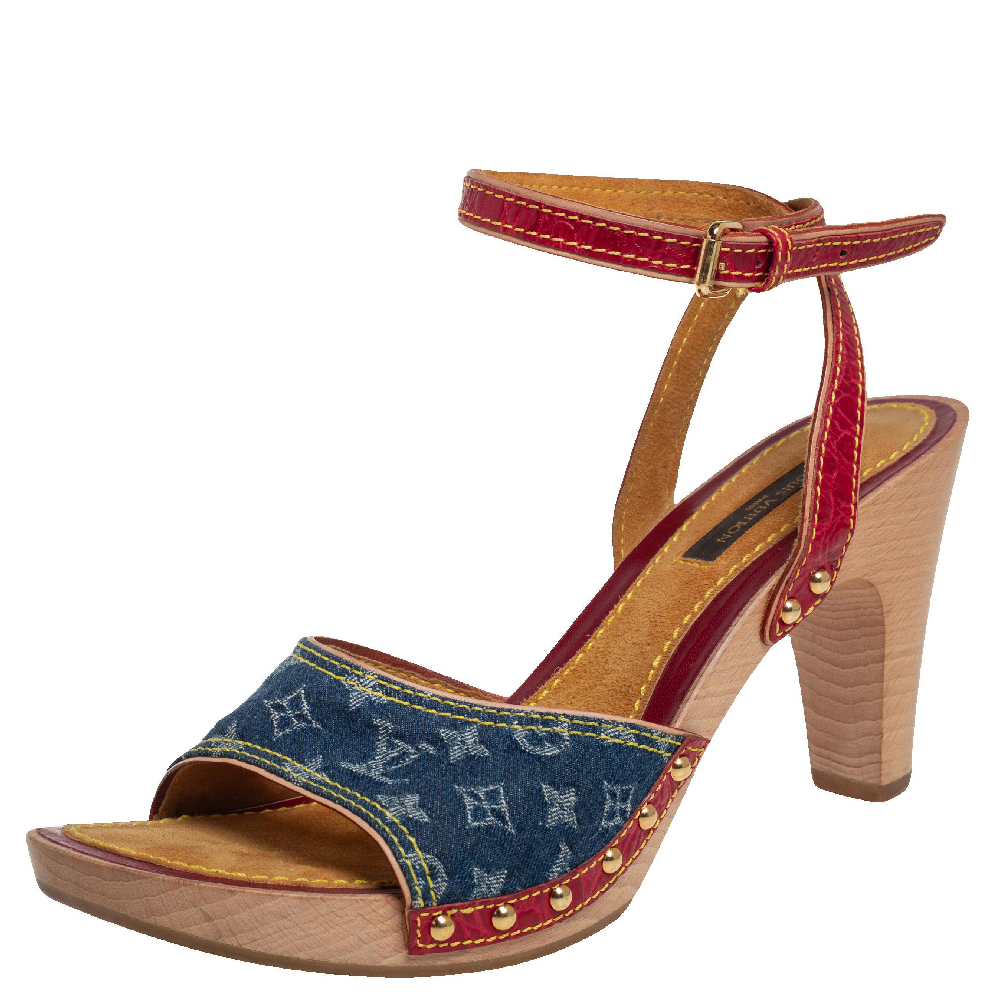 Louis Vuitton Multicolor Leather and Monogram Denim Ankle Strap Clog Sandals Size 38