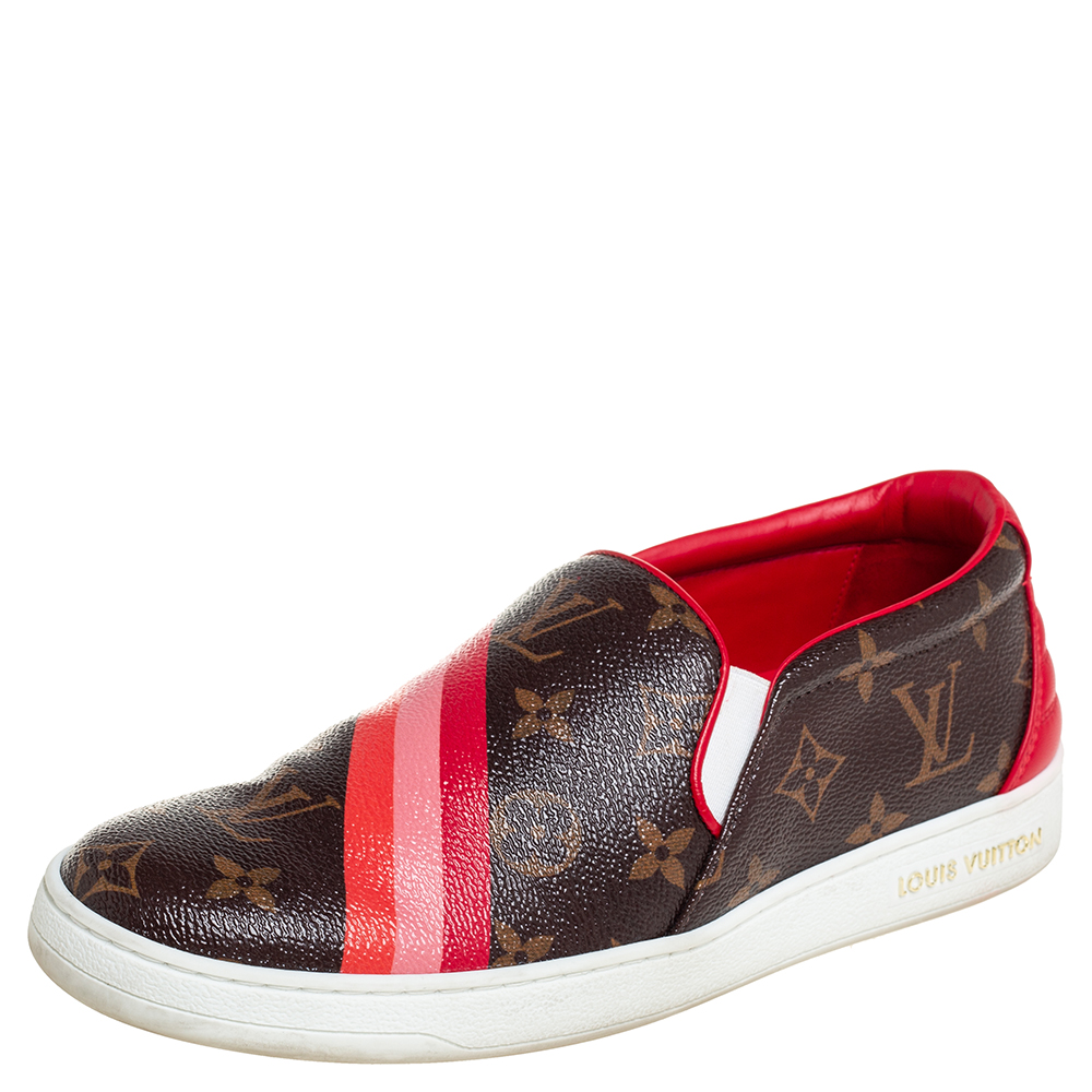 Louis Vuitton Brown/Red Monogram Canvas And Leather Frontrow Slip On Sneakers Size 38