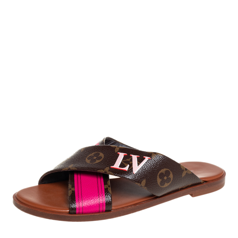 Louis Vuitton Brown/Pink Monogram Coated Canvas Panorama Flat Sandals Size 36