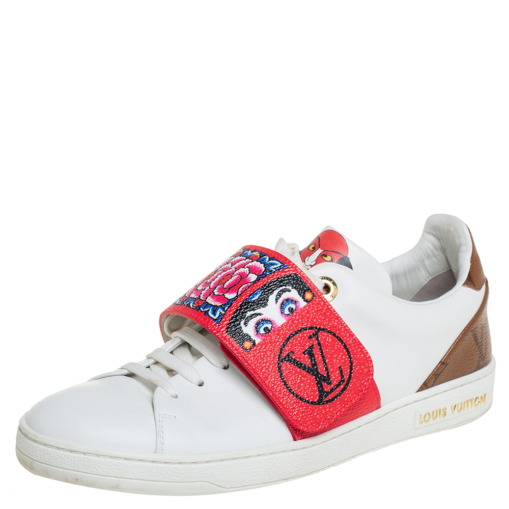 Louis Vuitton White Leather And Brown Monogram Canvas Kyoto Low Top Sneakers Size 36
