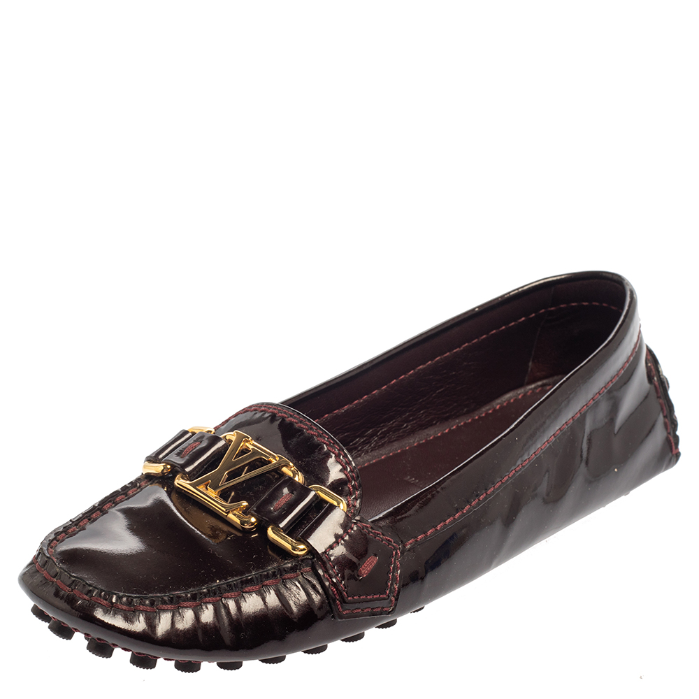 Louis Vuitton Brown Patent Leather Oxford Slip On Loafers Size 36