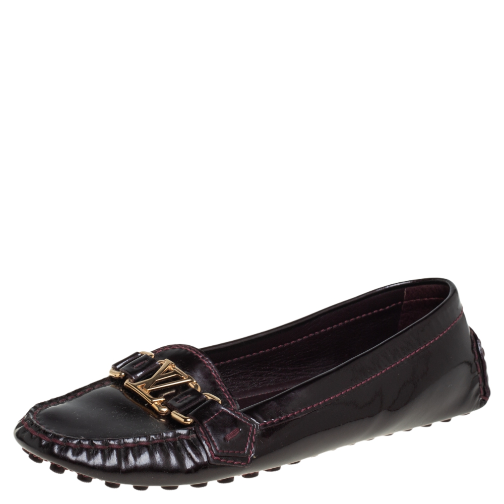 Louis Vuitton Burgundy Patent Leather Slip On Loafers Size 38