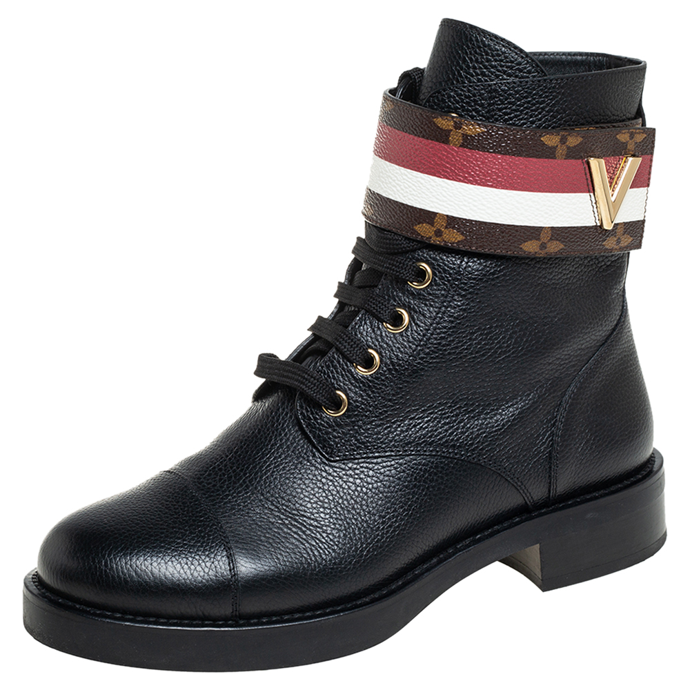 Louis Vuitton Black Leather And Monogram Canvas Wonderland Ranger Ankle Length Combat Boots Size 38