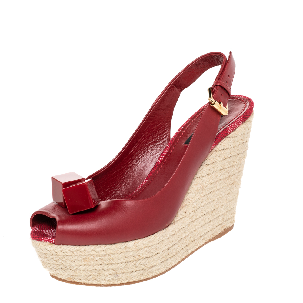 Louis Vuitton Red Leather Gossip Cube Embellished Espadrille Wedge Slingback Sandals Size 37