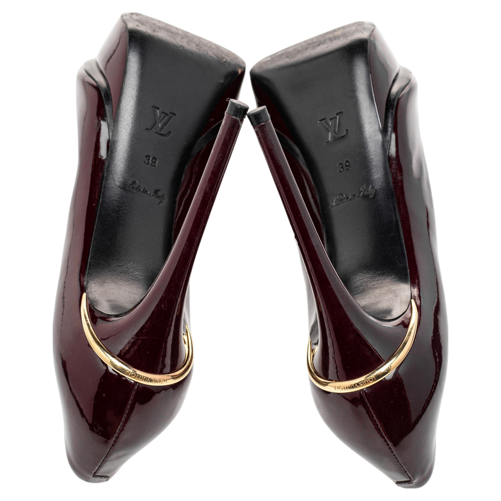 Louis Vuitton Burgundy Patent Leather Eyeline Peep Toe Platform Pumps Size 39