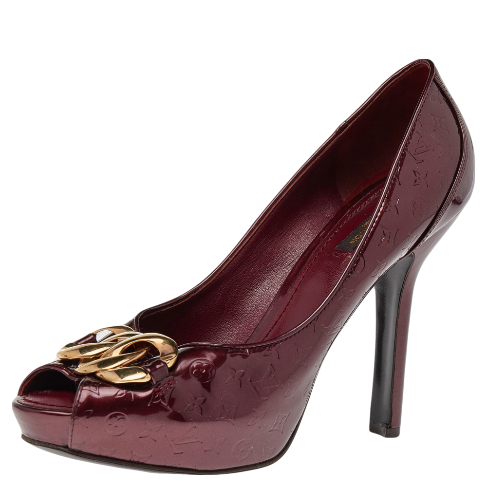 Louis vuitton burgundy monogram patent leather chain detail peep toe platform pumps size 40