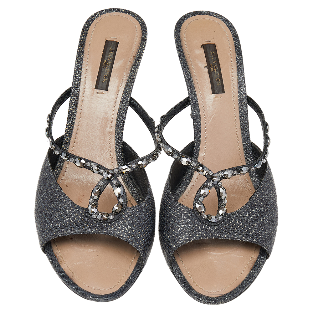 Louis Vuitton Black Leather Embellished Slide Sandals Size 39