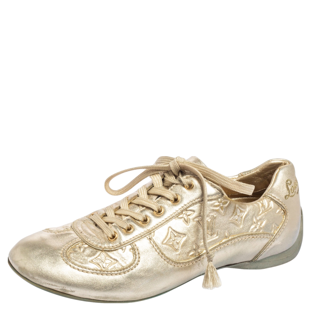 Louis vuitton metallic gold monogram embossed leather trainers sneakers size 36