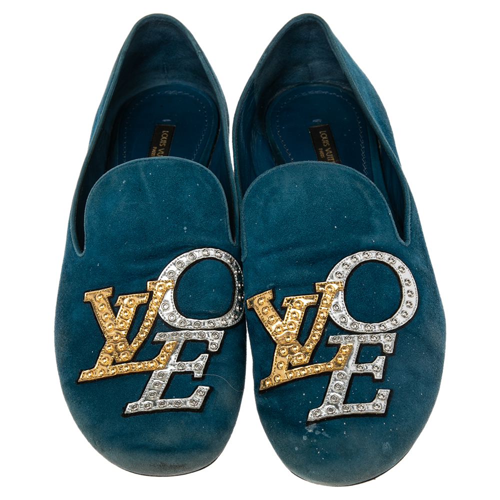 Louis Vuitton Blue Suede Love  Slip On Loafers Size 37.5