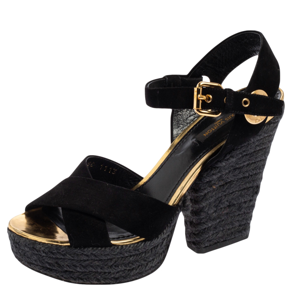 Louis Vuitton Black Suede Criss Cross Ankle Strap Platform Espadrille Sandals Size 37