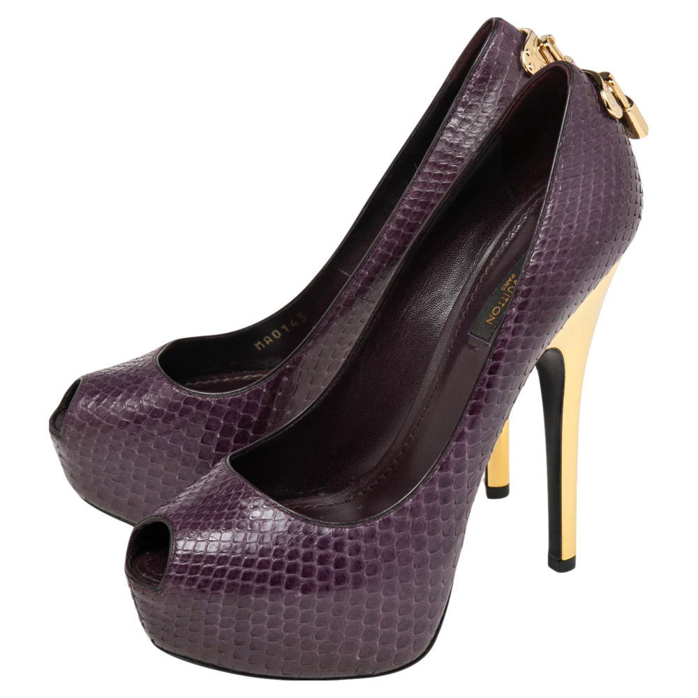 Louis Vuitton Purple Python Oh Really! Peep Toe Platform Pumps Size 36.5