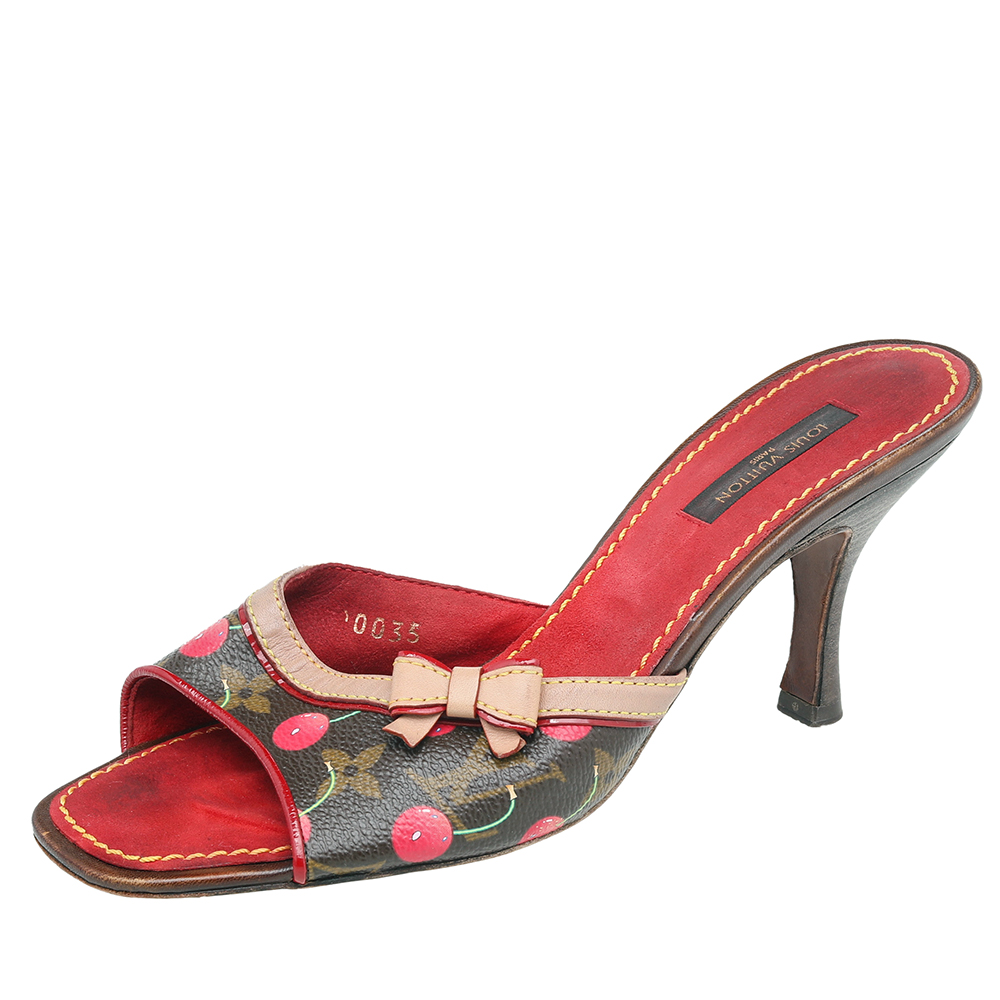 Louis Vuitton Brown/Red Monogram Cerise Canvas Bow Slide Mules Sandals Size 37
