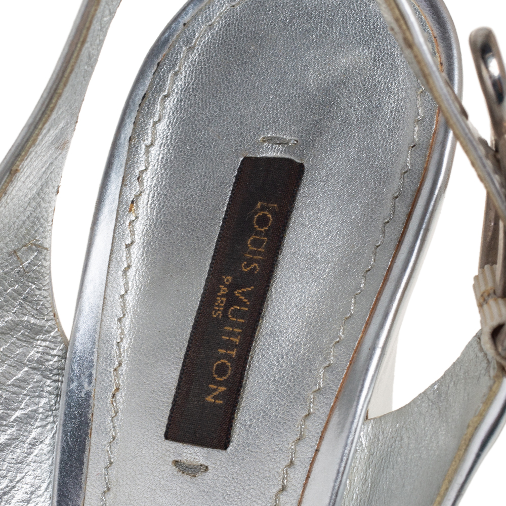 Louis Vuitton Silver Leather  Peep Toe Slingback Sandals Size 41