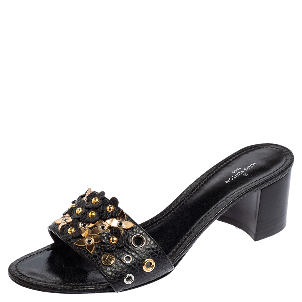 Louis Vuitton Black Leather Block Heel Slide Sandals Size 38
