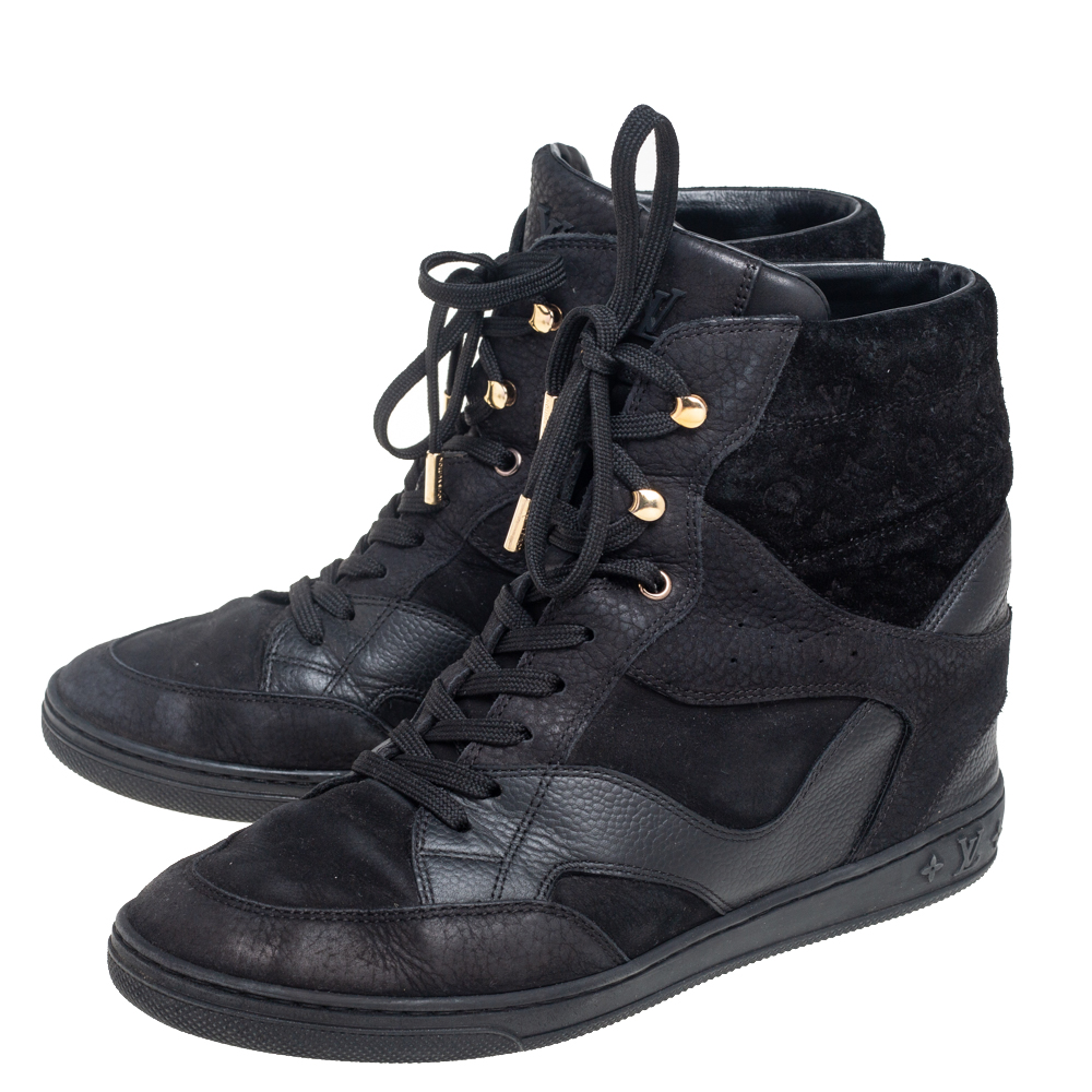 Louis Vuitton Black Leather And Embossed Monogram Suede Millenium Wedge Sneakers Size 39.5