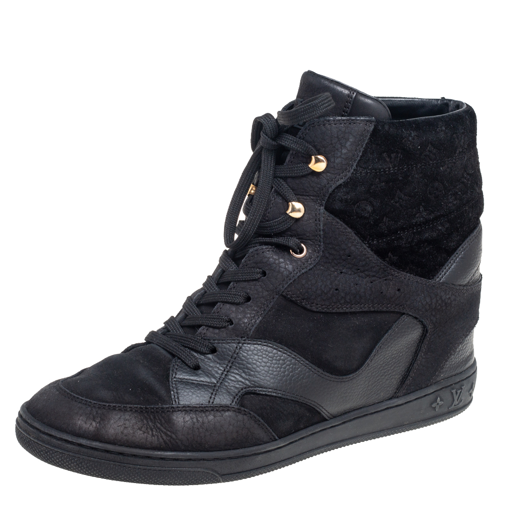 Louis Vuitton Black Leather And Embossed Monogram Suede Millenium Wedge Sneakers Size 39.5