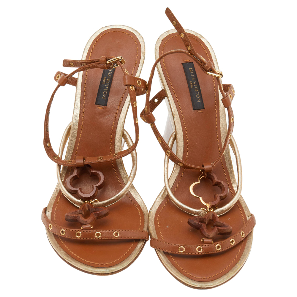 Louis Vuitton Brown/Gold Leather  Eyelet T-Strap Wedge Sandals Size 38