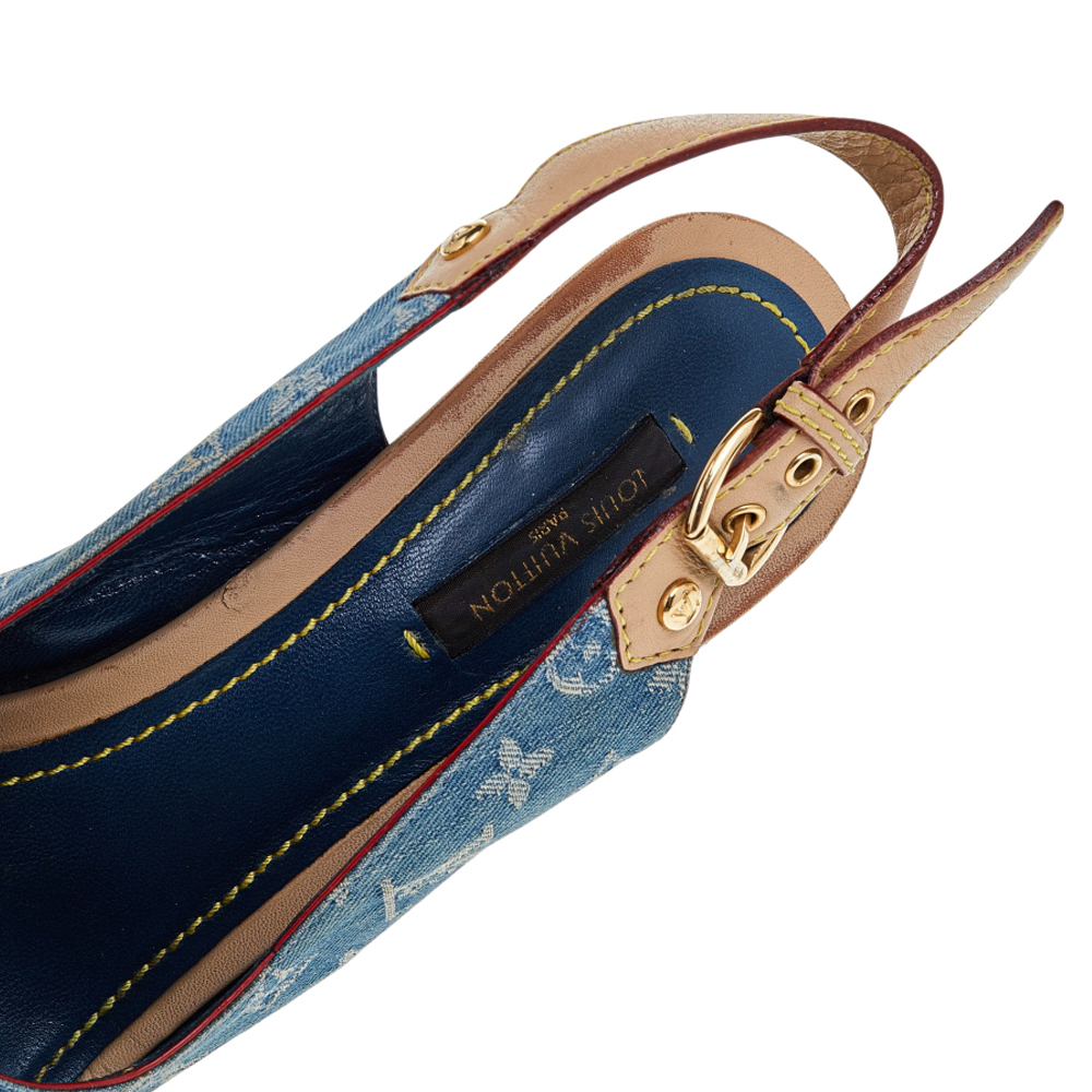 Louis Vuitton Blue Monogram Denim And Leather Slingback Sandals Size 38.5