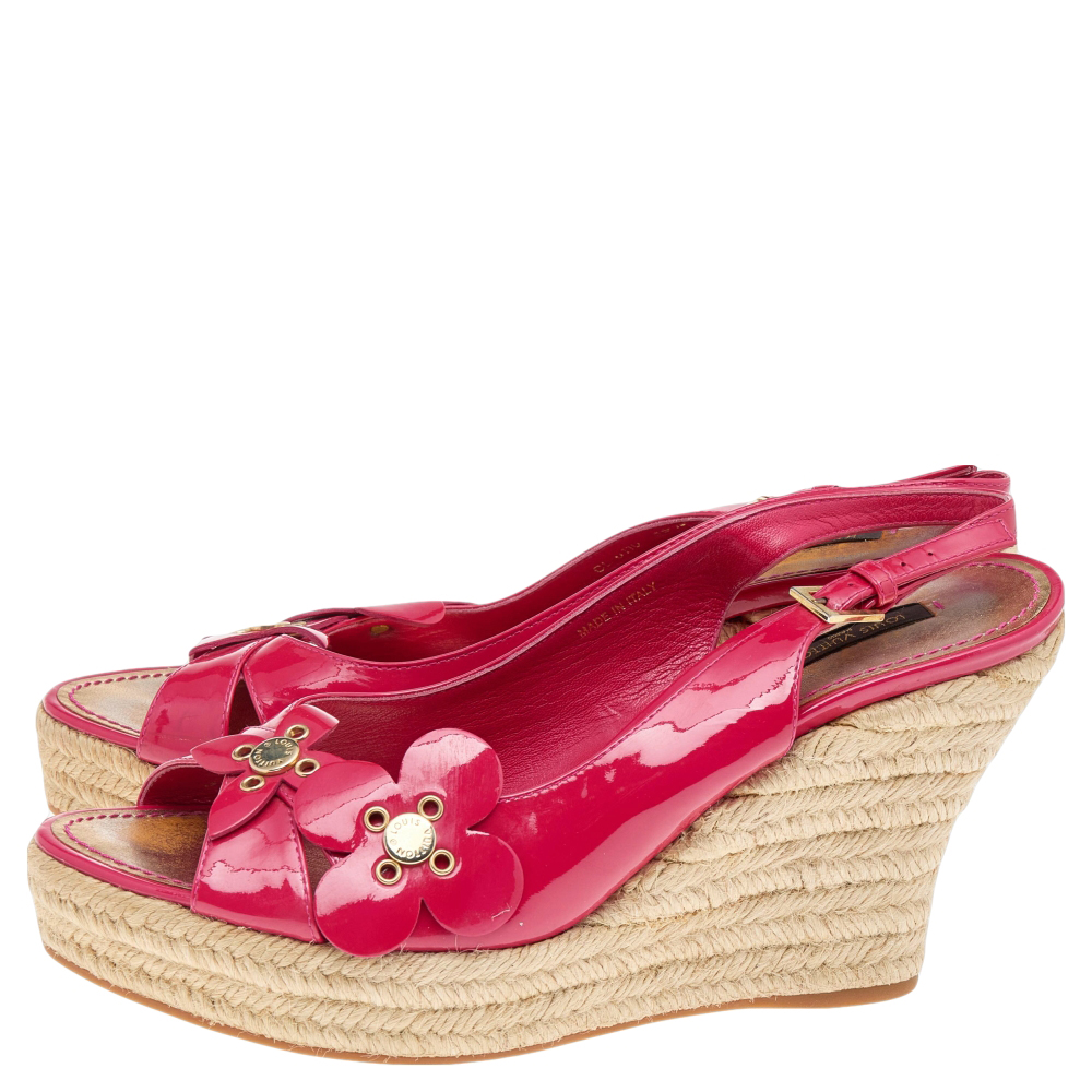 Louis Vuitton Pink Patent Leather Embellished Wedge Platform Slingback Sandals Size 39.5