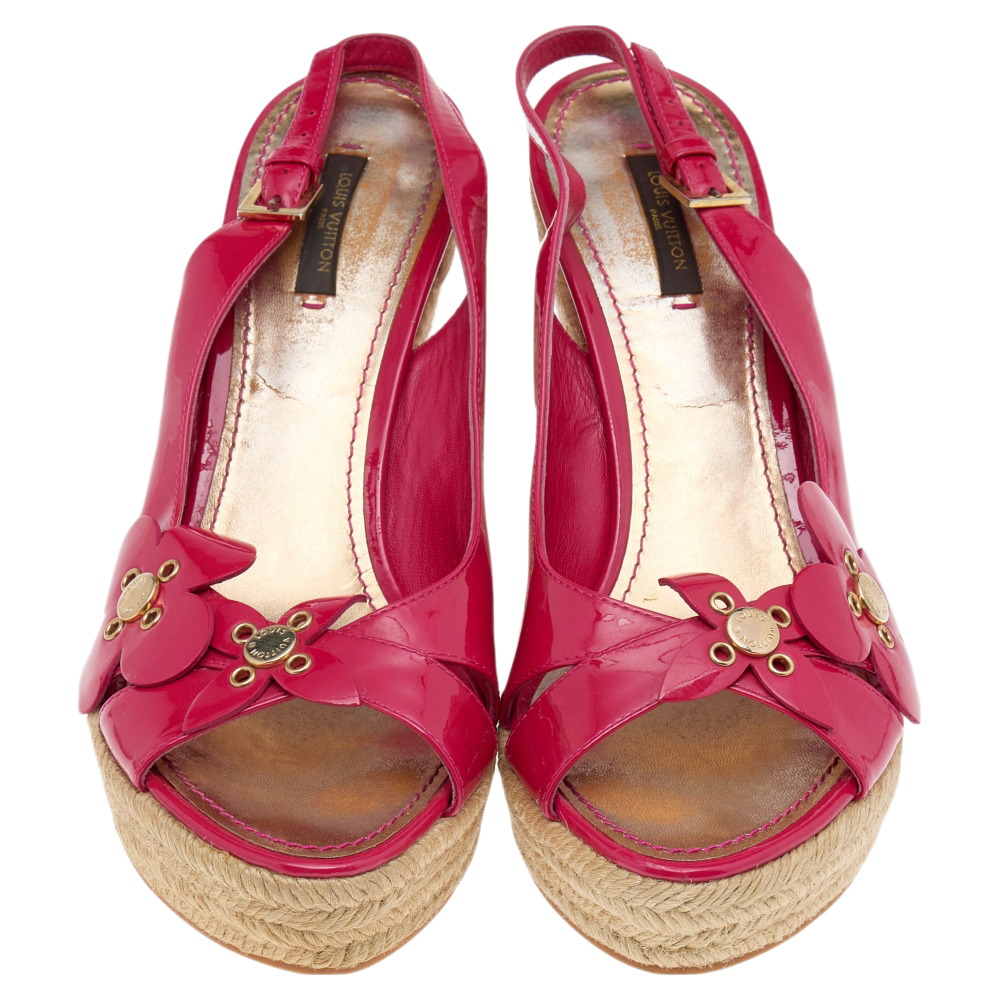 Louis Vuitton Pink Patent Leather Embellished Wedge Platform Slingback Sandals Size 39.5