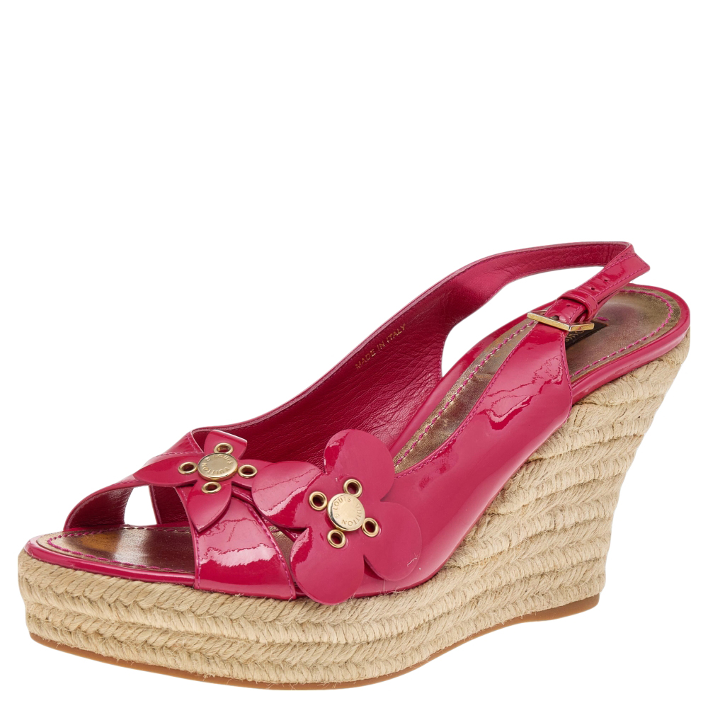 Louis vuitton pink patent leather embellished wedge platform slingback sandals size 39.5