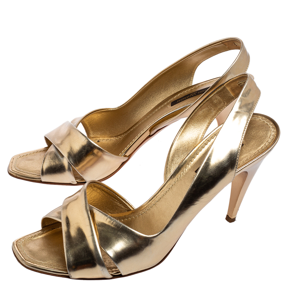Louis Vuitton Gold Leather Barbara Criss Cross Slingback Sandals Size 37.5