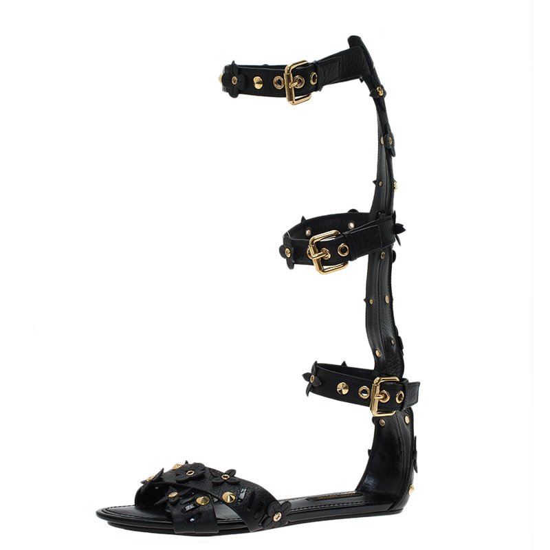 Image of Louis Vuitton Black Leather Fleur Gladiator Sandals Size