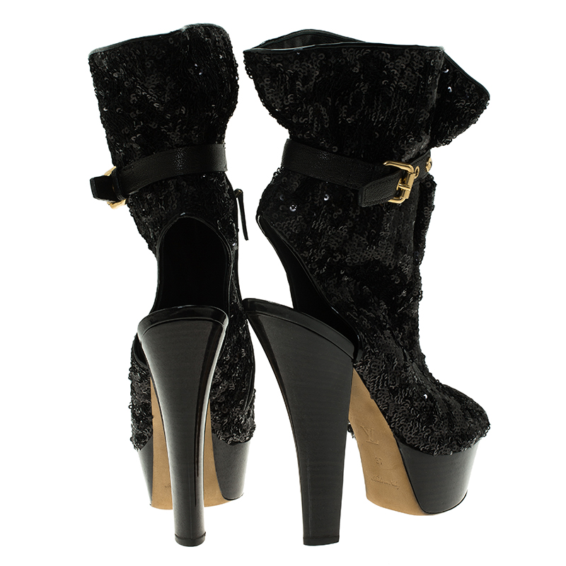 Louis Vuitton Black Sequins And Leather Peep Toe Platform Ankle Boots Size 37