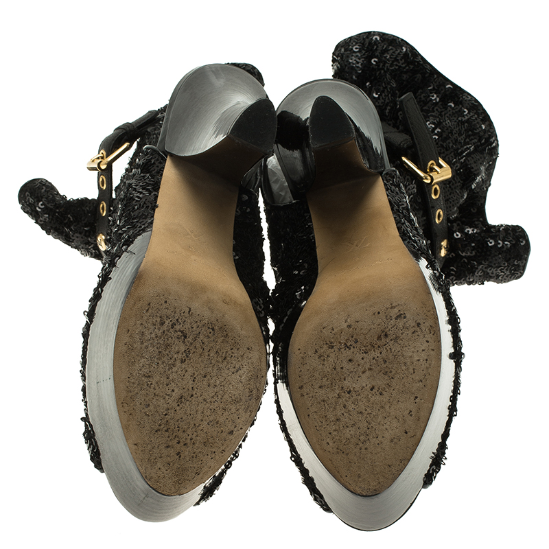 Louis Vuitton Black Sequins And Leather Peep Toe Platform Ankle Boots Size 37
