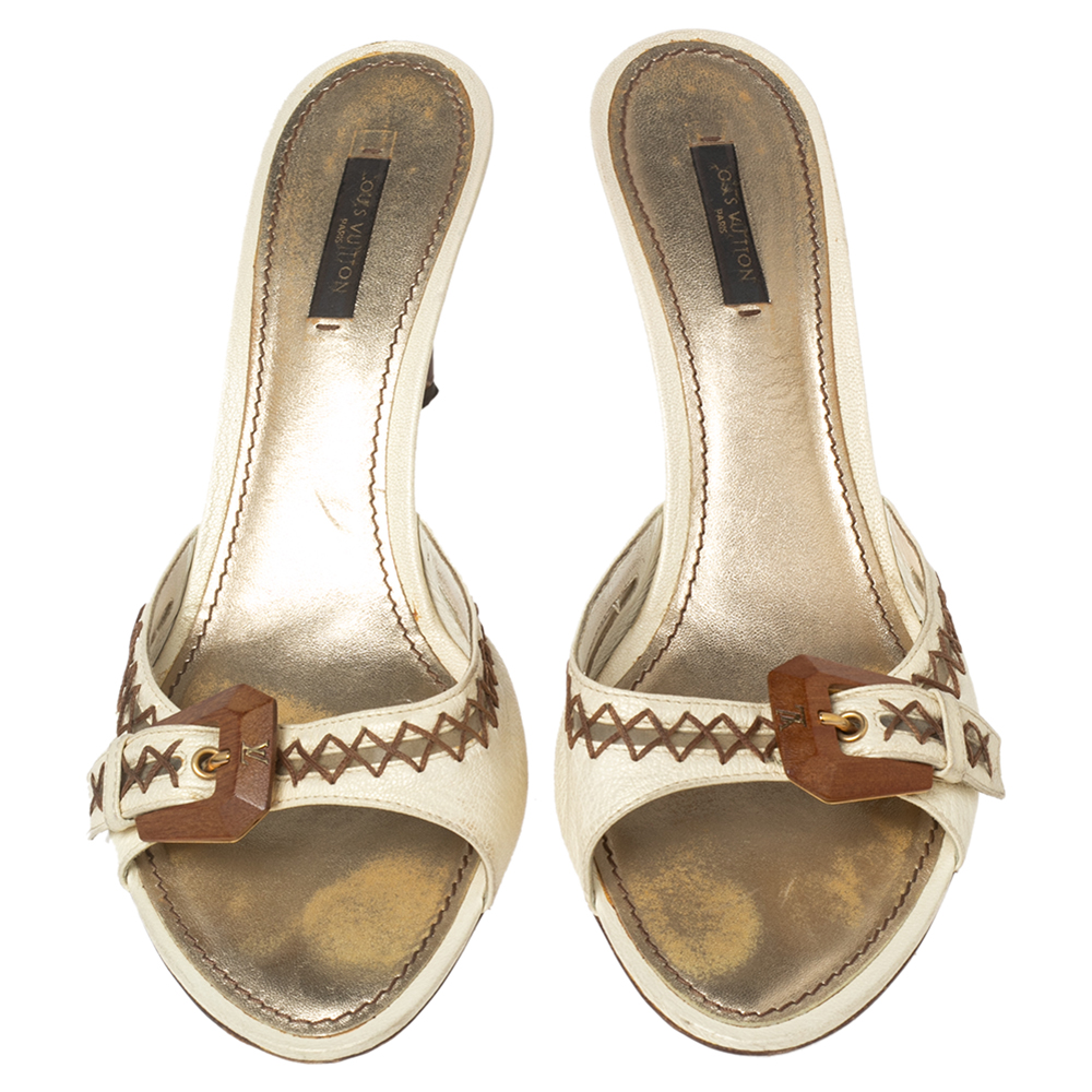 Louis Vuitton Cream Leather Buckle And Whip Stitch Detail Slide Sandals Size 41
