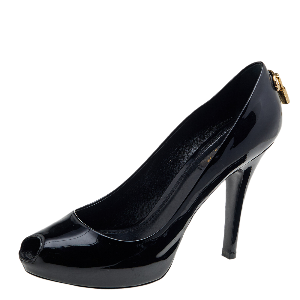 Louis Vuitton Black Patent Leather Oh Really! Peep Toe Pumps Size 38.5