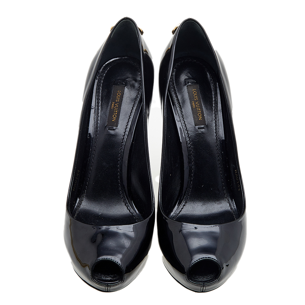 Louis Vuitton Black Patent Leather Oh Really! Peep Toe Pumps Size 38.5