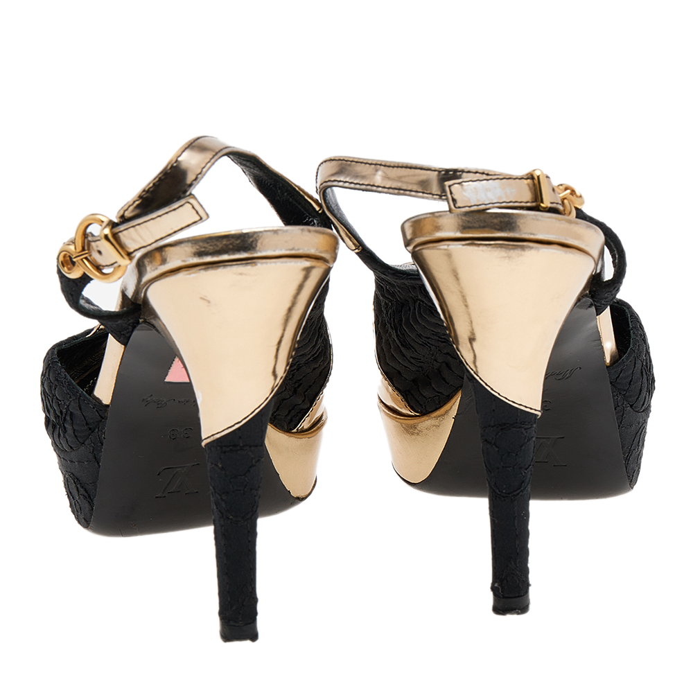 Louis Vuitton Black/Gold Satin And Leather Motard Piccadilly Slingback Sandals Size 38