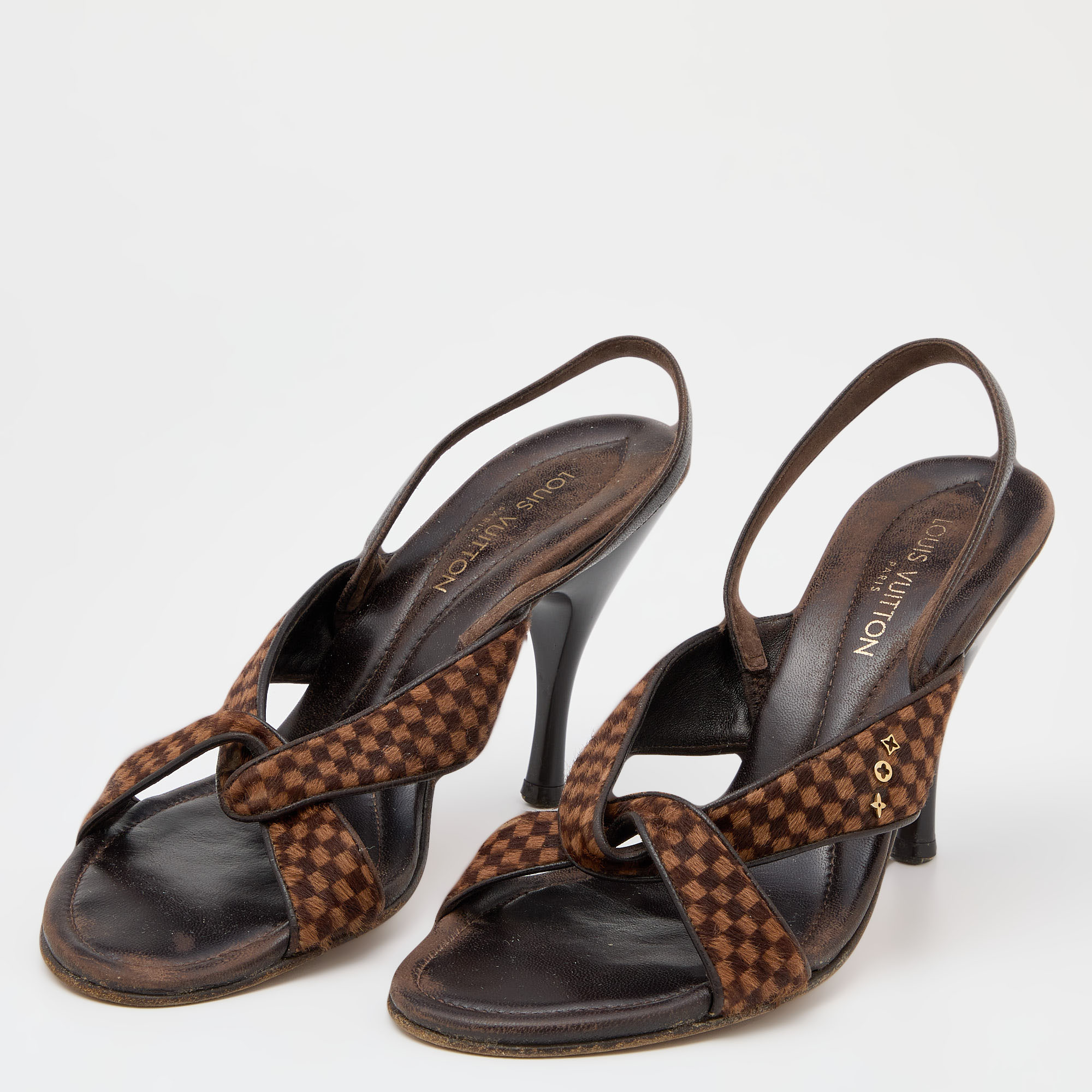 Louis Vuitton Brown Damier Ebene Calf Hair And Leather Slingback Sandals Size 38