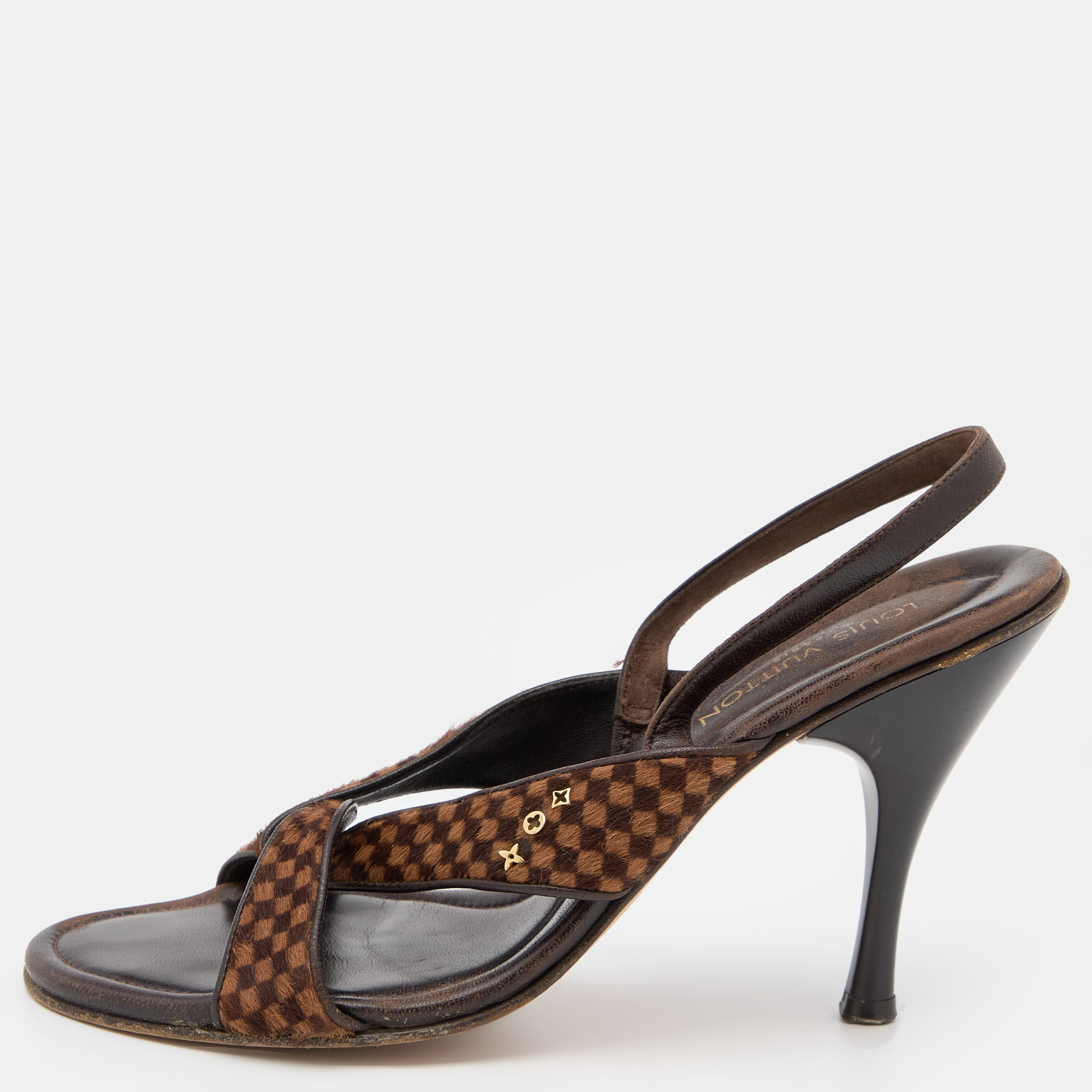 

Louis Vuitton Brown Damier Ebene Calf Hair and Leather Slingback Sandals Size