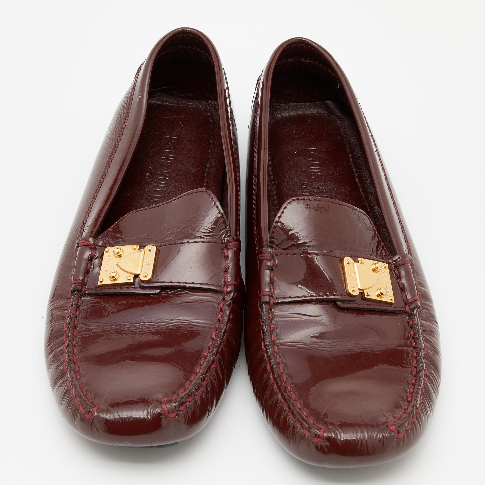 Louis Vuitton Burgundy Patent Leather Slip On Loafers Size 37.5