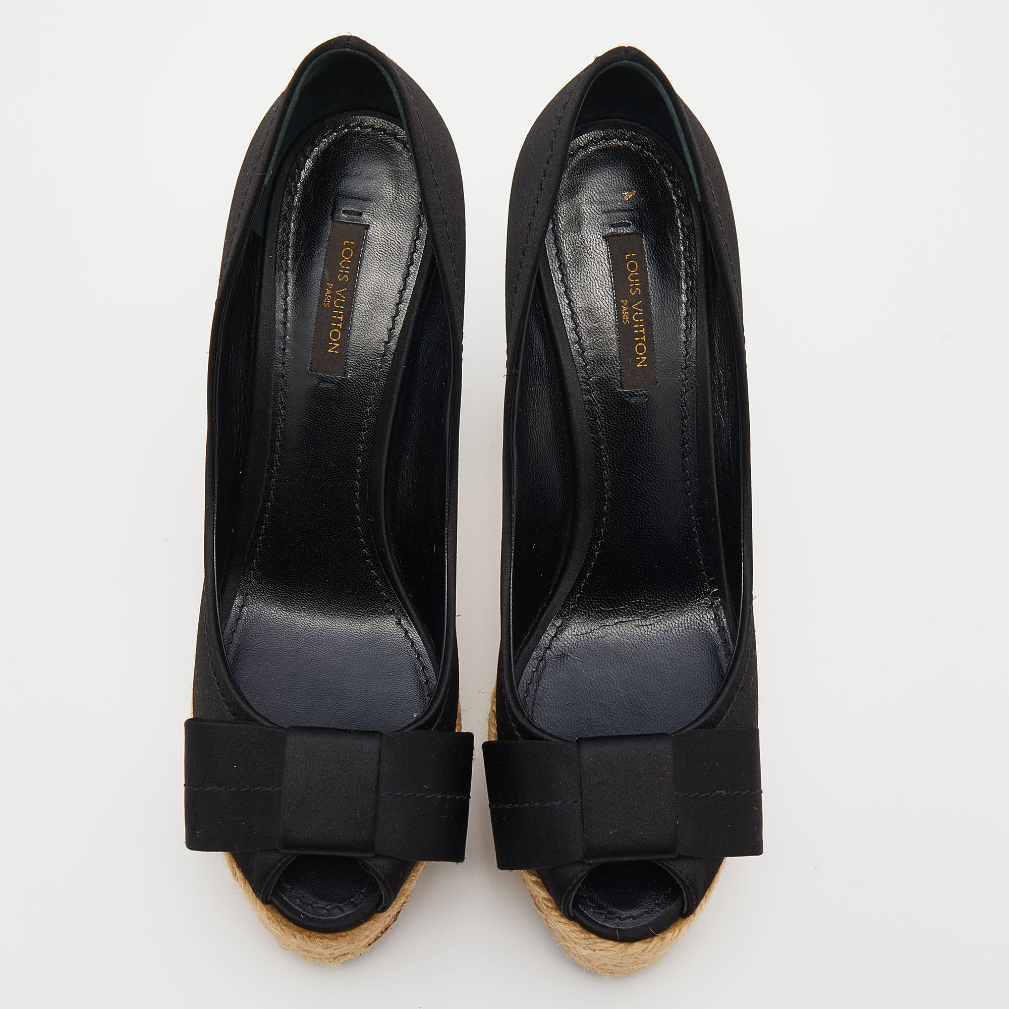Louis Vuitton Black Satin Espadrille Peep Toe Platform Pumps Size 38