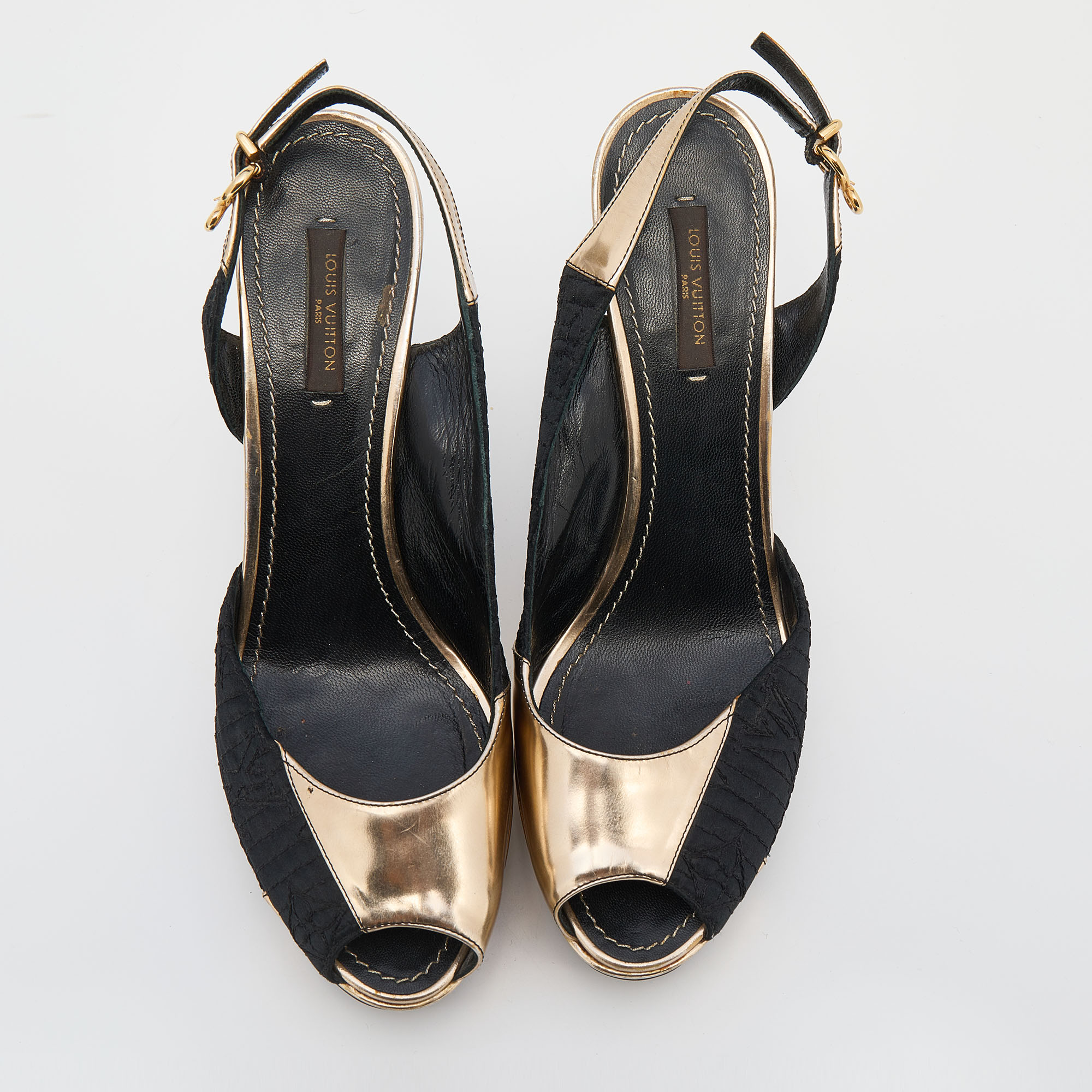Louis Vuitton Black/Gold Leather And Fabric Ankle Strap Platform Sandals Size 37.5