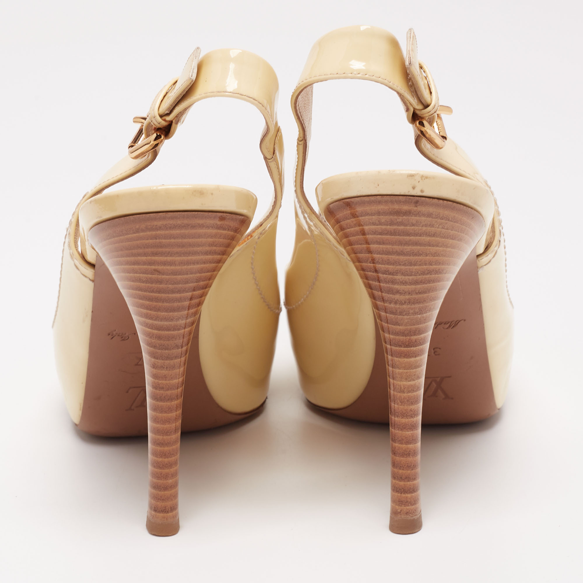 Louis Vuitton Cream Patent Leather Dice Peep Toe Slingback Sandals Size 37