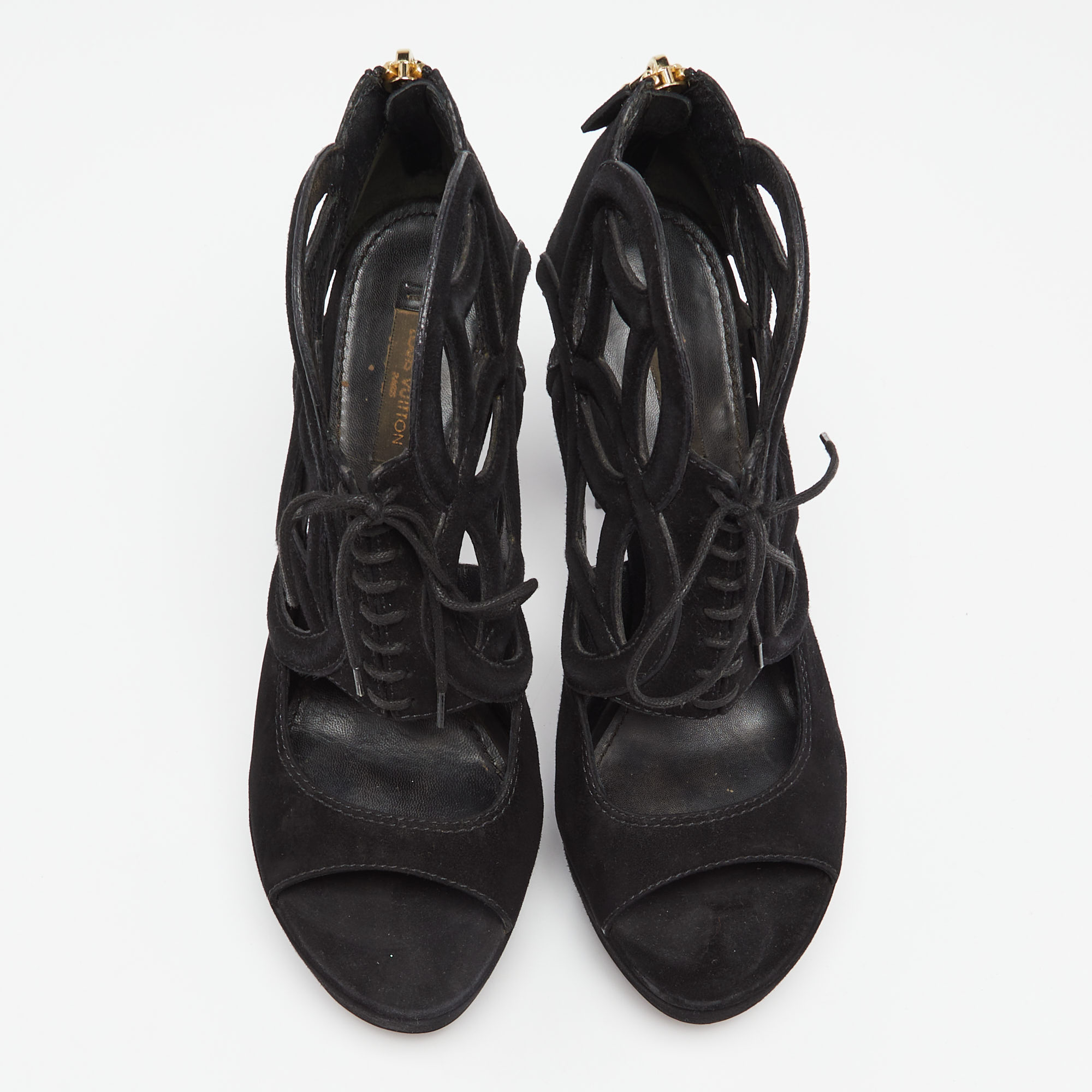 Louis Vuitton Black Suede Cutout Monogram Lace Up Platform Sandals Size 37.5