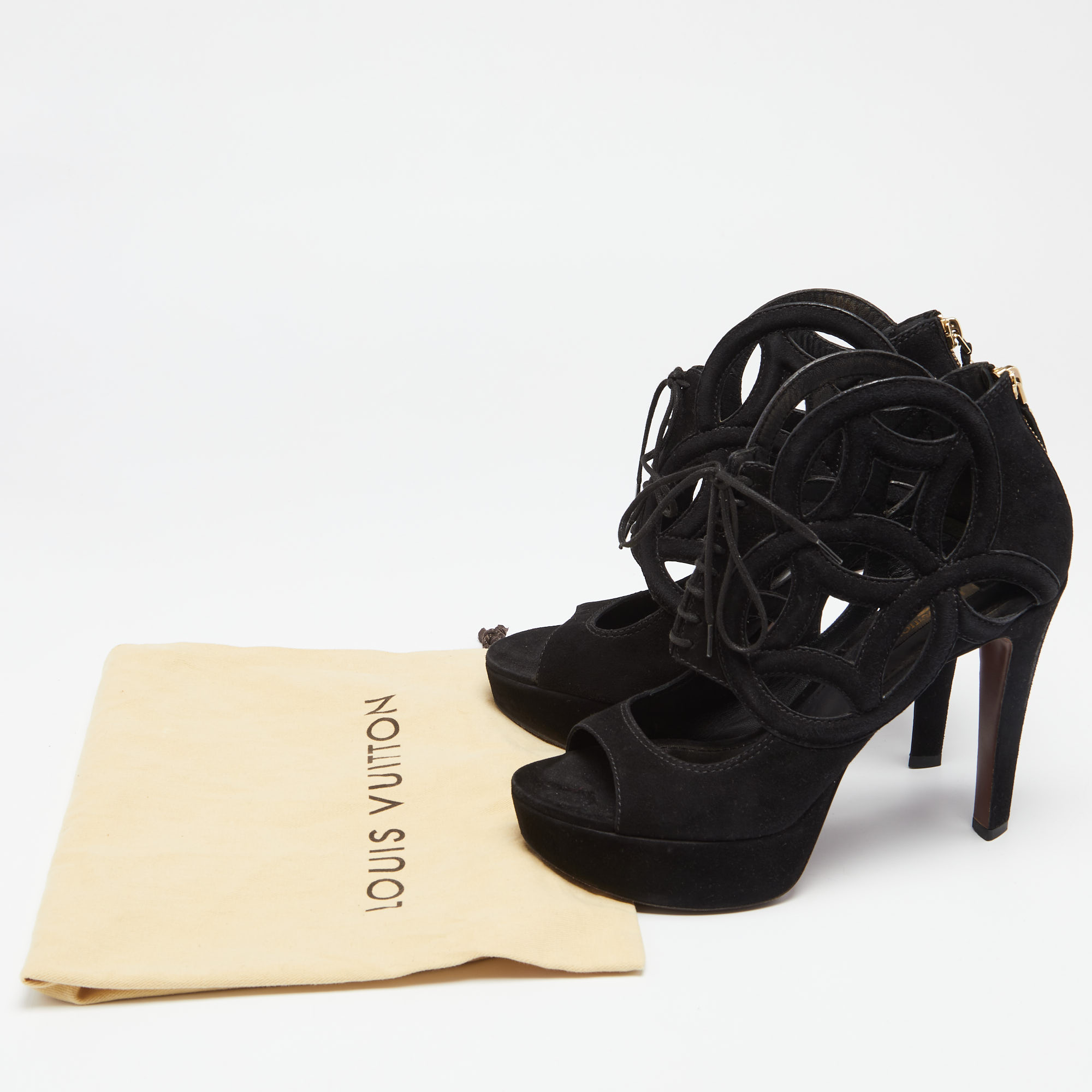 Louis Vuitton Black Suede Cutout Monogram Lace Up Platform Sandals Size 37.5