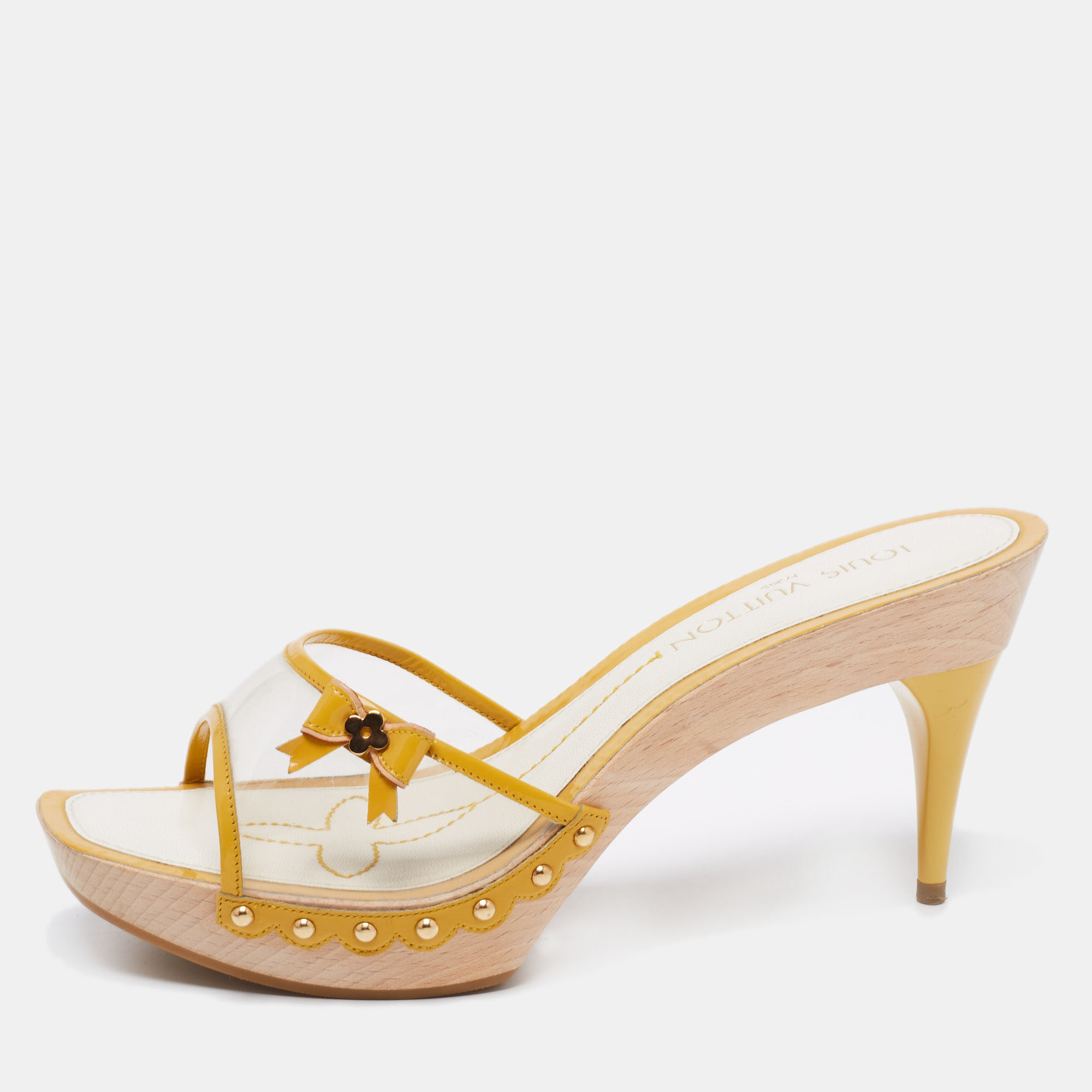 Louis vuitton yellow patent leather and pvc bow platform slide sandals size 40.5