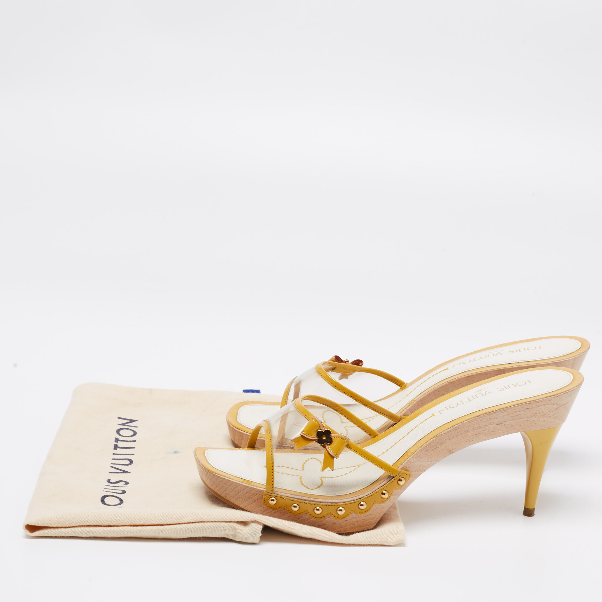 Louis Vuitton Yellow Patent Leather And PVC Bow Platform Slide Sandals Size 40.5