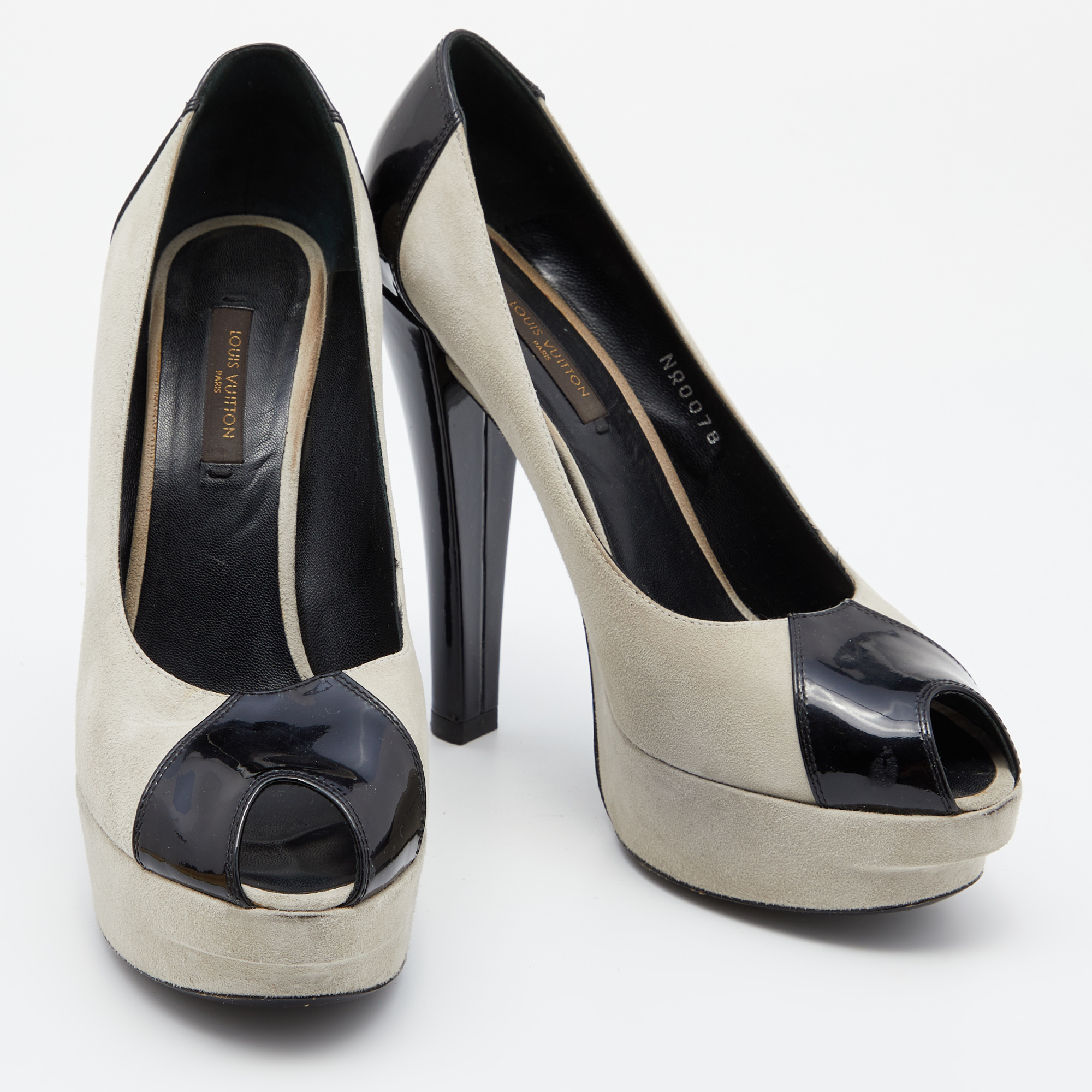 Louis Vuitton Grey/Black Suede And Patent Leather Peep Toe Platform Pumps Size 37