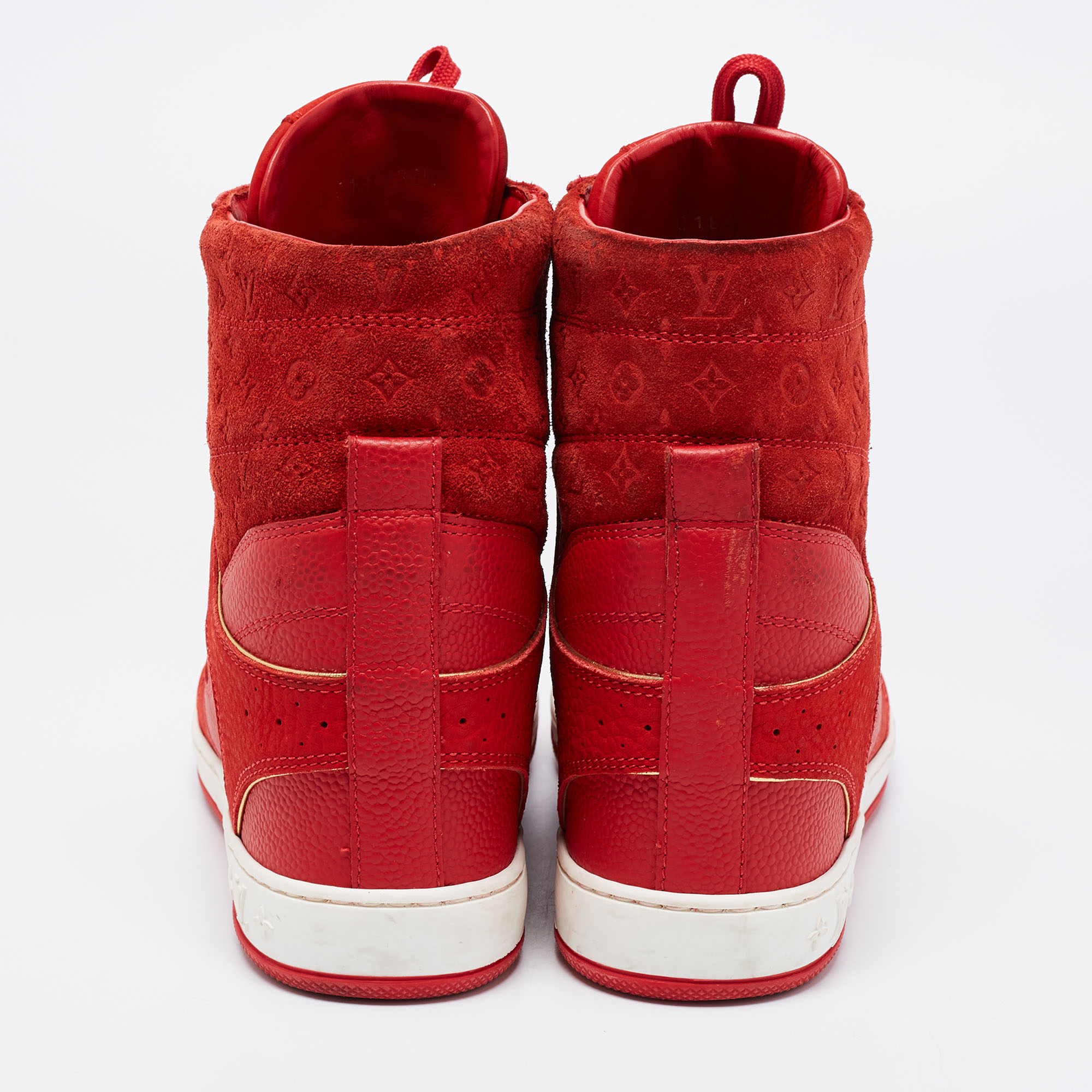 Louis Vuitton Red Leather And Embossed Monogram Suede Millenium Wedge Sneakers Size 39.5