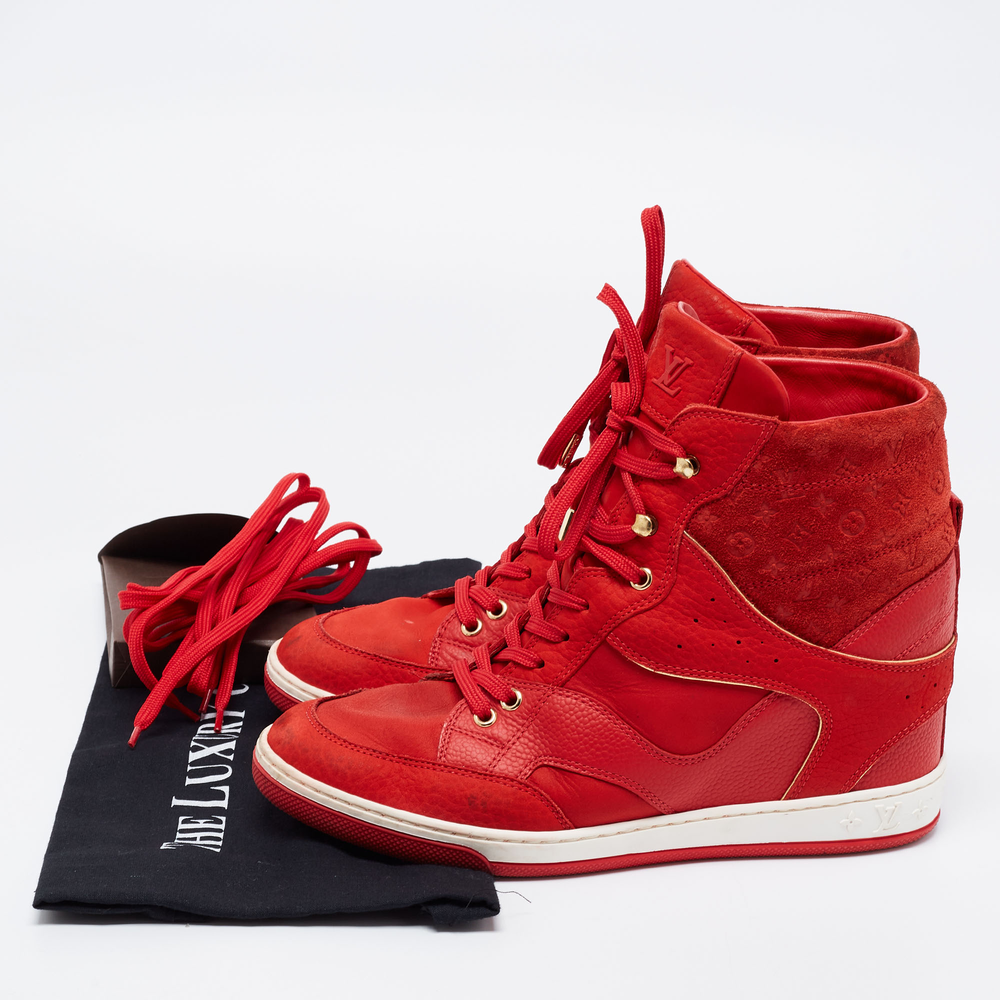Louis Vuitton Red Leather And Embossed Monogram Suede Millenium Wedge Sneakers Size 39.5